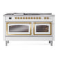 ILVE Nostalgie II 60-Inch Dual Fuel Range with 7 Sealed Burners + Griddle + French Top, 5.8 cu. ft. Oven, RAL with Brass Trim, Natural Gas, Triple Glass Door, UN60FSNMPRAG