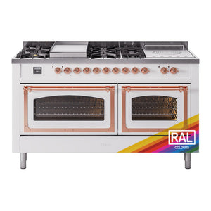 ILVE Nostalgie II 60-Inch Dual Fuel Range with 7 Sealed Burners + Griddle + French Top, 5.8 cu. ft. Oven, RAL with Copper Trim, Natural Gas, Triple Glass Door, UN60FSNMPRAP
