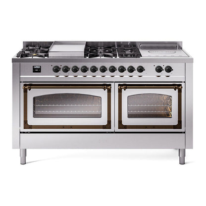 ILVE Nostalgie II 60-Inch Dual Fuel Range with 7 Sealed Burners + Griddle + French Top, 5.8 cu. ft. Oven, Stainless Steel with Burnished Trim, Natural Gas, Triple Glass Door, UN60FSNMPSSB