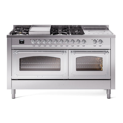 ILVE Nostalgie II 60-Inch Dual Fuel Range with 7 Sealed Burners + Griddle + French Top, 5.8 cu. ft. Oven, Stainless Steel with Chrome Trim, Liquid Propane, Triple Glass Door, UN60FSNMPSSCLP