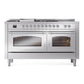 ILVE Nostalgie II 60-Inch Dual Fuel Range with 7 Sealed Burners + Griddle + French Top, 5.8 cu. ft. Oven, Stainless Steel with Chrome Trim, Natural Gas, Triple Glass Door, UN60FSNMPSSC