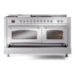 ILVE Nostalgie II 60-Inch Dual Fuel Range with 7 Sealed Burners + Griddle + French Top, 5.8 cu. ft. Oven, Stainless Steel with Chrome Trim, Natural Gas, Triple Glass Door, UN60FSNMPSSC