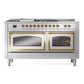 ILVE Nostalgie II 60-Inch Dual Fuel Range with 7 Sealed Burners + Griddle + French Top, 5.8 cu. ft. Oven, Stainless Steel with Brass Trim, Liquid Propane, Triple Glass Door, UN60FSNMPSSGLP