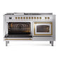ILVE Nostalgie II 60-Inch Dual Fuel Range with 7 Sealed Burners + Griddle + French Top, 5.8 cu. ft. Oven, Stainless Steel with Brass Trim, Liquid Propane, Triple Glass Door, UN60FSNMPSSGLP