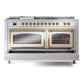 ILVE Nostalgie II 60-Inch Dual Fuel Range with 7 Sealed Burners + Griddle + French Top, 5.8 cu. ft. Oven, Stainless Steel with Brass Trim, Liquid Propane, Triple Glass Door, UN60FSNMPSSGLP