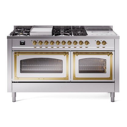 ILVE Nostalgie II 60-Inch Dual Fuel Range with 7 Sealed Burners + Griddle + French Top, 5.8 cu. ft. Oven, Stainless Steel with Brass Trim, Natural Gas, Triple Glass Door, UN60FSNMPSSG