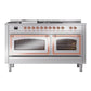ILVE Nostalgie II 60-Inch Dual Fuel Range with 7 Sealed Burners + Griddle + French Top, 5.8 cu. ft. Oven, Stainless Steel with Copper Trim, Liquid Propane, Triple Glass Door, UN60FSNMPSSPLP
