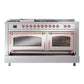 ILVE Nostalgie II 60-Inch Dual Fuel Range with 7 Sealed Burners + Griddle + French Top, 5.8 cu. ft. Oven, Stainless Steel with Copper Trim, Natural Gas, Triple Glass Door, UN60FSNMPSSP