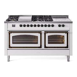 ILVE Nostalgie II 60-Inch Dual Fuel Range with 7 Sealed Burners + Griddle + French Top, 5.8 cu. ft. Oven, White with Burnished Trim, Liquid Propane, Triple Glass Door, UN60FSNMPWHBLP