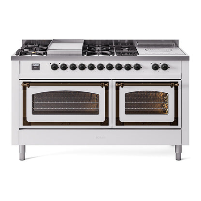 ILVE Nostalgie II 60-Inch Dual Fuel Range with 7 Sealed Burners + Griddle + French Top, 5.8 cu. ft. Oven, White with Burnished Trim, Liquid Propane, Triple Glass Door, UN60FSNMPWHBLP