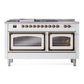ILVE Nostalgie II 60-Inch Dual Fuel Range with 7 Sealed Burners + Griddle + French Top, 5.8 cu. ft. Oven, White with Burnished Trim, Natural Gas, Triple Glass Door, UN60FSNMPWHB