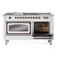 ILVE Nostalgie II 60-Inch Dual Fuel Range with 7 Sealed Burners + Griddle + French Top, 5.8 cu. ft. Oven, White with Burnished Trim, Natural Gas, Triple Glass Door, UN60FSNMPWHB