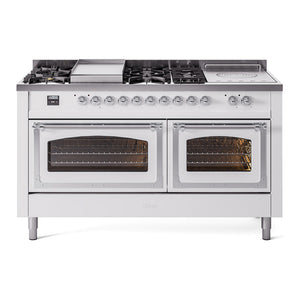 ILVE Nostalgie II 60-Inch Dual Fuel Range with 7 Sealed Burners + Griddle + French Top, 5.8 cu. ft. Oven, White with Chrome Trim, Liquid Propane, Triple Glass Door, UN60FSNMPWHCLP