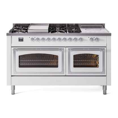 ILVE Nostalgie II 60-Inch Dual Fuel Range with 7 Sealed Burners + Griddle + French Top, 5.8 cu. ft. Oven, White with Chrome Trim, Liquid Propane, Triple Glass Door, UN60FSNMPWHCLP