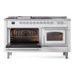 ILVE Nostalgie II 60-Inch Dual Fuel Range with 7 Sealed Burners + Griddle + French Top, 5.8 cu. ft. Oven, White with Chrome Trim, Liquid Propane, Triple Glass Door, UN60FSNMPWHCLP