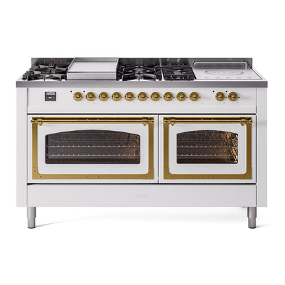 ILVE Nostalgie II 60-Inch Dual Fuel Range with 7 Sealed Burners + Griddle + French Top, 5.8 cu. ft. Oven, White with Brass Trim, Liquid Propane, Triple Glass Door, UN60FSNMPWHGLP