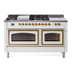 ILVE Nostalgie II 60-Inch Dual Fuel Range with 7 Sealed Burners + Griddle + French Top, 5.8 cu. ft. Oven, White with Brass Trim, Natural Gas, Triple Glass Door, UN60FSNMPWHG