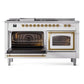 ILVE Nostalgie II 60-Inch Dual Fuel Range with 7 Sealed Burners + Griddle + French Top, 5.8 cu. ft. Oven, White with Brass Trim, Natural Gas, Triple Glass Door, UN60FSNMPWHG
