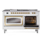ILVE Nostalgie II 60-Inch Dual Fuel Range with 7 Sealed Burners + Griddle + French Top, 5.8 cu. ft. Oven, White with Brass Trim, Natural Gas, Triple Glass Door, UN60FSNMPWHG