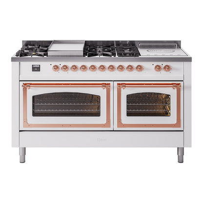 ILVE Nostalgie II 60-Inch Dual Fuel Range with 7 Sealed Burners + Griddle + French Top, 5.8 cu. ft. Oven, White with Copper Trim, Liquid Propane, Triple Glass Door, UN60FSNMPWHPLP