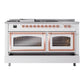 ILVE Nostalgie II 60-Inch Dual Fuel Range with 7 Sealed Burners + Griddle + French Top, 5.8 cu. ft. Oven, White with Copper Trim, Liquid Propane, Triple Glass Door, UN60FSNMPWHPLP