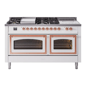 ILVE Nostalgie II 60-Inch Dual Fuel Range with 7 Sealed Burners + Griddle + French Top, 5.8 cu. ft. Oven, White with Copper Trim, Natural Gas, Triple Glass Door, UN60FSNMPWHP