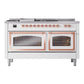 ILVE Nostalgie II 60-Inch Dual Fuel Range with 7 Sealed Burners + Griddle + French Top, 5.8 cu. ft. Oven, White with Copper Trim, Natural Gas, Triple Glass Door, UN60FSNMPWHP