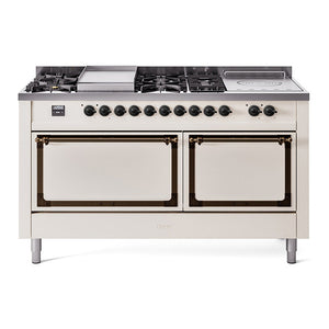 ILVE Nostalgie II 60-Inch Dual Fuel Range with 7 Sealed Burners + Griddle + French Top, 5.8 cu. ft. Oven, Antique White with Burnished Trim, Liquid Propane, Solid Door, UN60FSQNMPAWBLP