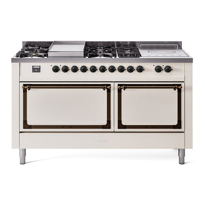 ILVE Nostalgie II 60-Inch Dual Fuel Range with 7 Sealed Burners + Griddle + French Top, 5.8 cu. ft. Oven, Antique White with Burnished Trim, Natural Gas, Solid Door, UN60FSQNMPAWB
