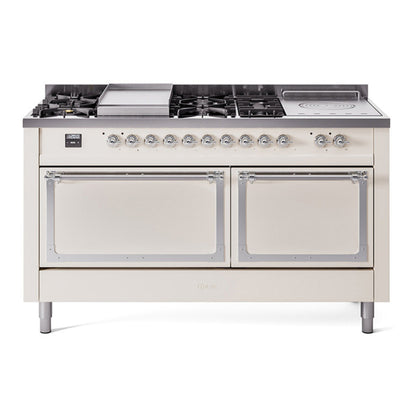 ILVE Nostalgie II 60-Inch Dual Fuel Range with 7 Sealed Burners + Griddle + French Top, 5.8 cu. ft. Oven, Antique White with Chrome Trim, Liquid Propane, Solid Door, UN60FSQNMPAWCLP