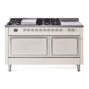 ILVE Nostalgie II 60-Inch Dual Fuel Range with 7 Sealed Burners + Griddle + French Top, 5.8 cu. ft. Oven, Antique White with Chrome Trim, Natural Gas, Solid Door, UN60FSQNMPAWC