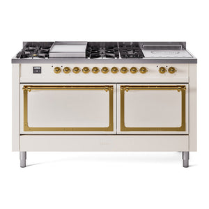 ILVE Nostalgie II 60-Inch Dual Fuel Range with 7 Sealed Burners + Griddle + French Top, 5.8 cu. ft. Oven, Antique White with Brass Trim, Natural Gas, Solid Door, UN60FSQNMPAWG