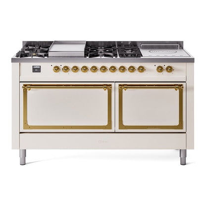 ILVE Nostalgie II 60-Inch Dual Fuel Range with 7 Sealed Burners + Griddle + French Top, 5.8 cu. ft. Oven, Antique White with Brass Trim, Natural Gas, Solid Door, UN60FSQNMPAWG