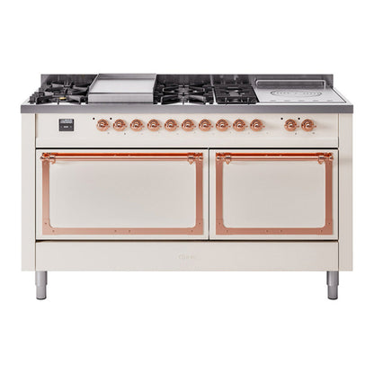 ILVE Nostalgie II 60-Inch Dual Fuel Range with 7 Sealed Burners + Griddle + French Top, 5.8 cu. ft. Oven, Antique White with Copper Trim, Liquid Propane, Solid Door, UN60FSQNMPAWPLP