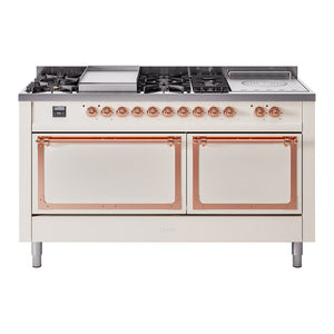 ILVE Nostalgie II 60-Inch Dual Fuel Range with 7 Sealed Burners + Griddle + French Top, 5.8 cu. ft. Oven, Antique White with Copper Trim, Natural Gas, Solid Door, UN60FSQNMPAWP