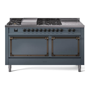ILVE Nostalgie II 60-Inch Dual Fuel Range with 7 Sealed Burners + Griddle + French Top, 5.8 cu. ft. Oven, Blue Grey with Burnished Trim, Natural Gas, Solid Door, UN60FSQNMPBGB