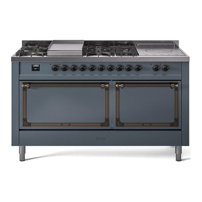 ILVE Nostalgie II 60-Inch Dual Fuel Range with 7 Sealed Burners + Griddle + French Top, 5.8 cu. ft. Oven, Blue Grey with Burnished Trim, Natural Gas, Solid Door, UN60FSQNMPBGB