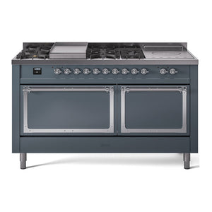 ILVE Nostalgie II 60-Inch Dual Fuel Range with 7 Sealed Burners + Griddle + French Top, 5.8 cu. ft. Oven, Blue Grey with Chrome Trim, Natural Gas, Solid Door, UN60FSQNMPBGC