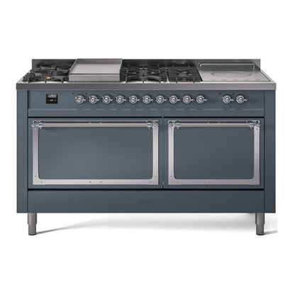 ILVE Nostalgie II 60-Inch Dual Fuel Range with 7 Sealed Burners + Griddle + French Top, 5.8 cu. ft. Oven, Blue Grey with Chrome Trim, Natural Gas, Solid Door, UN60FSQNMPBGC