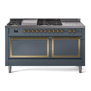 ILVE Nostalgie II 60-Inch Dual Fuel Range with 7 Sealed Burners + Griddle + French Top, 5.8 cu. ft. Oven, Blue Grey with Brass Trim, Liquid Propane, Solid Door, UN60FSQNMPBGGLP