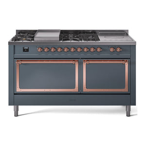 ILVE Nostalgie II 60-Inch Dual Fuel Range with 7 Sealed Burners + Griddle + French Top, 5.8 cu. ft. Oven, Blue Grey with Copper Trim, Natural Gas, Solid Door, UN60FSQNMPBGP