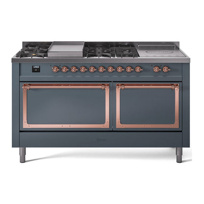 ILVE Nostalgie II 60-Inch Dual Fuel Range with 7 Sealed Burners + Griddle + French Top, 5.8 cu. ft. Oven, Blue Grey with Copper Trim, Natural Gas, Solid Door, UN60FSQNMPBGP