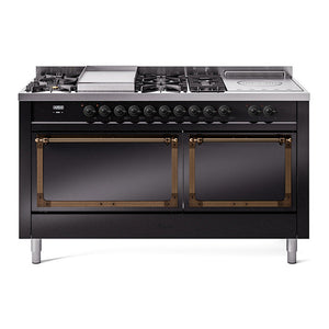 ILVE Nostalgie II 60-Inch Dual Fuel Range with 7 Sealed Burners + Griddle + French Top, 5.8 cu. ft. Oven, Glossy Black with Burnished Trim, Liquid Propane, Solid Door, UN60FSQNMPBKBLP
