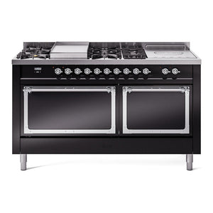 ILVE Nostalgie II 60-Inch Dual Fuel Range with 7 Sealed Burners + Griddle + French Top, 5.8 cu. ft. Oven, Glossy Black with Chrome Trim, Liquid Propane, Solid Door, UN60FSQNMPBKCLP