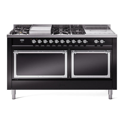 ILVE Nostalgie II 60-Inch Dual Fuel Range with 7 Sealed Burners + Griddle + French Top, 5.8 cu. ft. Oven, Glossy Black with Chrome Trim, Natural Gas, Solid Door, UN60FSQNMPBKC