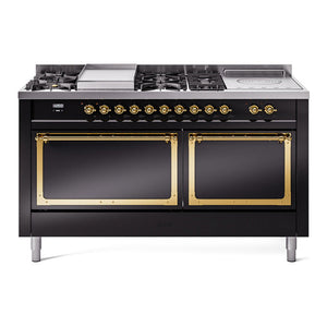 ILVE Nostalgie II 60-Inch Dual Fuel Range with 7 Sealed Burners + Griddle + French Top, 5.8 cu. ft. Oven, Glossy Black with Brass Trim, Natural Gas, Solid Door, UN60FSQNMPBKG