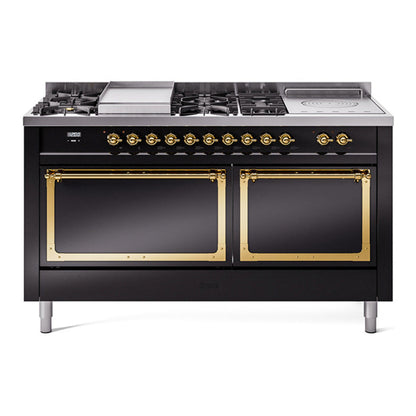 ILVE Nostalgie II 60-Inch Dual Fuel Range with 7 Sealed Burners + Griddle + French Top, 5.8 cu. ft. Oven, Glossy Black with Brass Trim, Natural Gas, Solid Door, UN60FSQNMPBKG