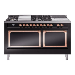 ILVE Nostalgie II 60-Inch Dual Fuel Range with 7 Sealed Burners + Griddle + French Top, 5.8 cu. ft. Oven, Glossy Black with Copper Trim, Liquid Propane, Solid Door, UN60FSQNMPBKPLP