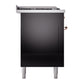 ILVE Nostalgie II 60-Inch Dual Fuel Range with 7 Sealed Burners + Griddle + French Top, 5.8 cu. ft. Oven, Glossy Black with Copper Trim, Natural Gas, Solid Door, UN60FSQNMPBKP