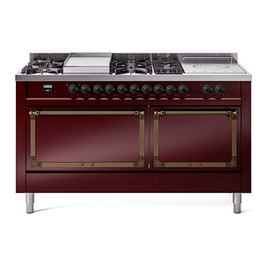 ILVE Nostalgie II 60-Inch Dual Fuel Range with 7 Sealed Burners + Griddle + French Top, 5.8 cu. ft. Oven, Burgundy with Burnished Trim, Liquid Propane, Solid Door, UN60FSQNMPBUBLP